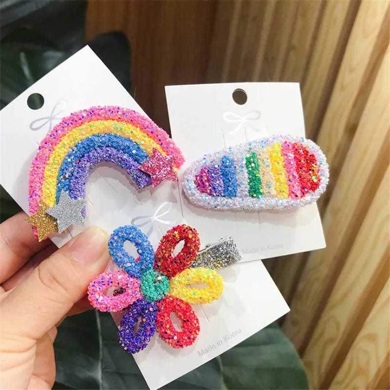

10pcs/lot Girls Glitter Rainbow Stars Hair Clip Children Flower Gradient Color Duckbill Hair Clip Kids BB Clip Hair Accessories