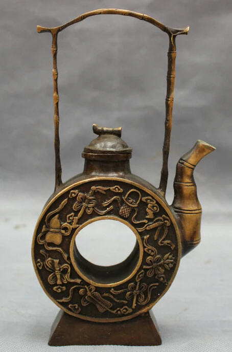 

S4352 8" Folk Chinese Bronze Bamboo 8 Immortal BaXianGuoHai Statue Wine Pot Teapot D0317