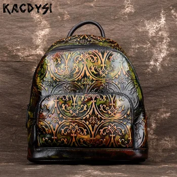 

Vintage Genuine Leather Women's Backpack Embossed Handmade Rucksack Fashion Computer Notebook School Bags Casual Travel Daypack