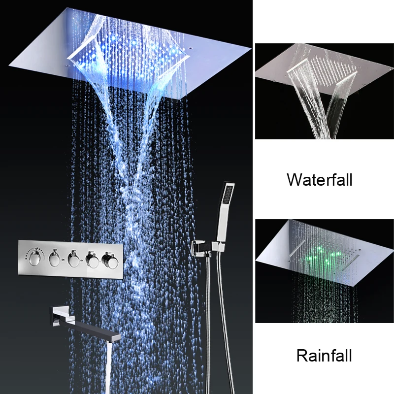 360x500 мм потайной потолочный Роскошный Набор смесителей тропических душей термостатический смеситель водопад светодиод водной энергии душевой набор ванна носик