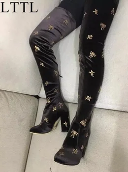 

Large Size 11 Top Selling Brand Embellished Velvet Over-the-Knee Boots Round Toe Thick Heel Black Blue Long Boots For Women