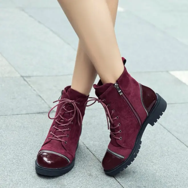 

CerdaChic Winter Flat Martin Boots Women's Winter Fashion Suede Patchwork Lace Up Punk Rock Warm Ladies Shoes Black Red