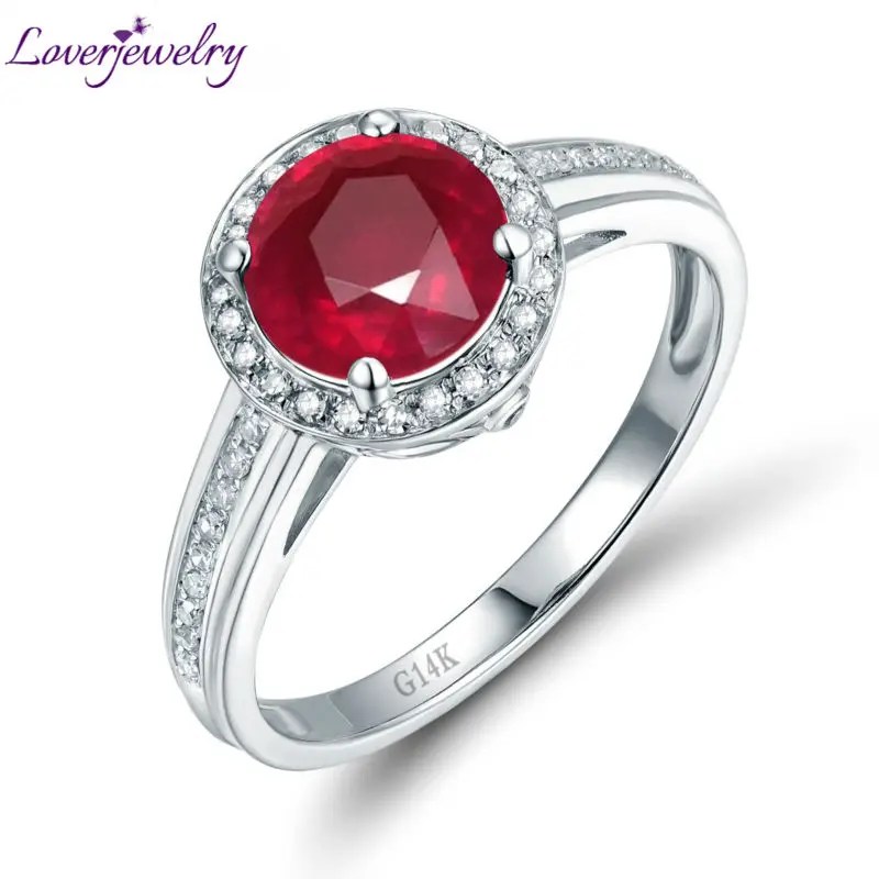 Real 14K White Gold Natural Round Ruby Ring Fine Jewelry for Women