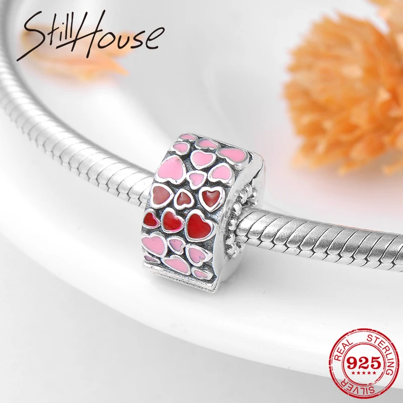 

New 925 Sterling Silver Round Pink red Enamel Heart Pattern clips Lock beads Fits Original Pandora Charm Bracelet Jewelry making