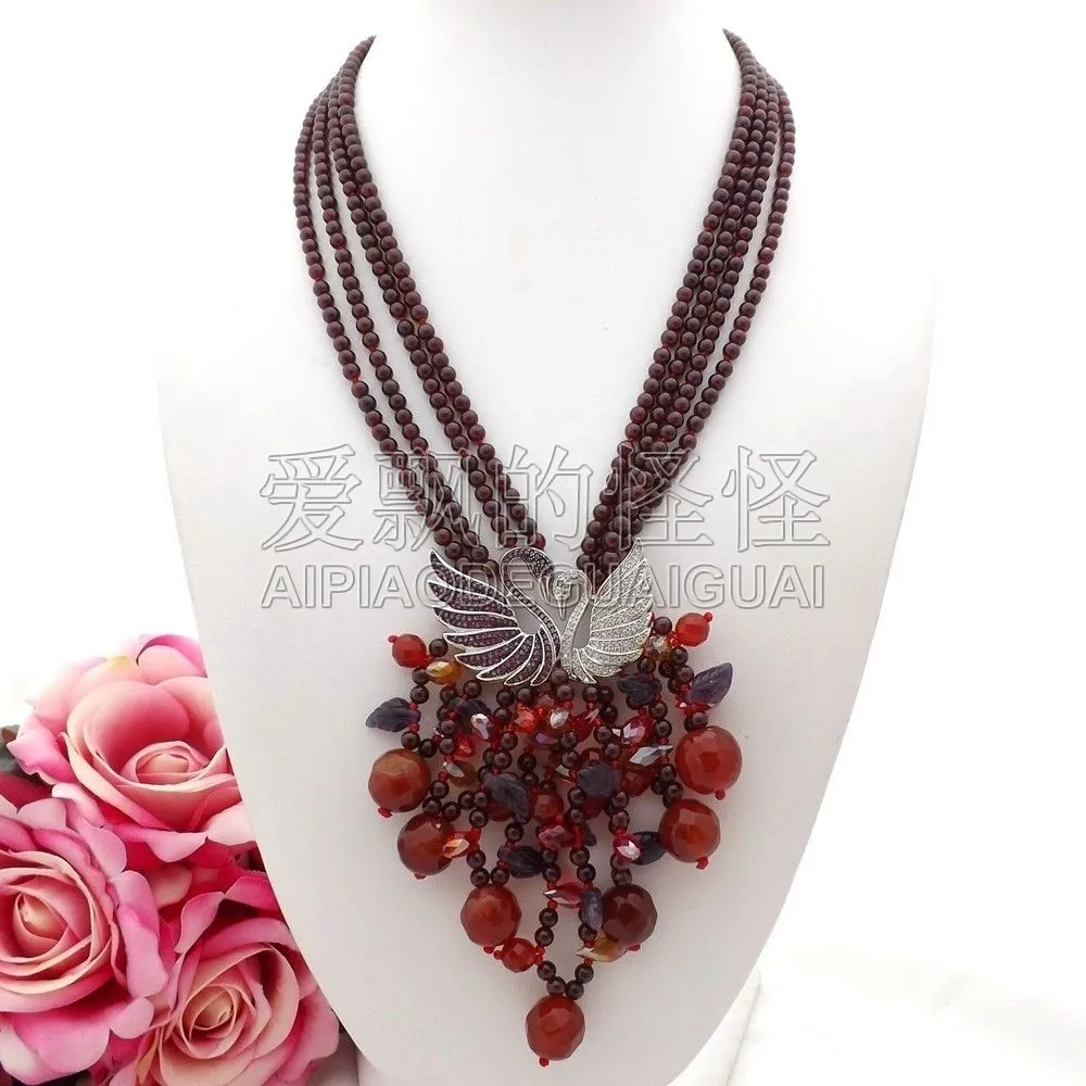 

Women's 20'' 4Strands Garnet Crystal Necklace CZ Pendant