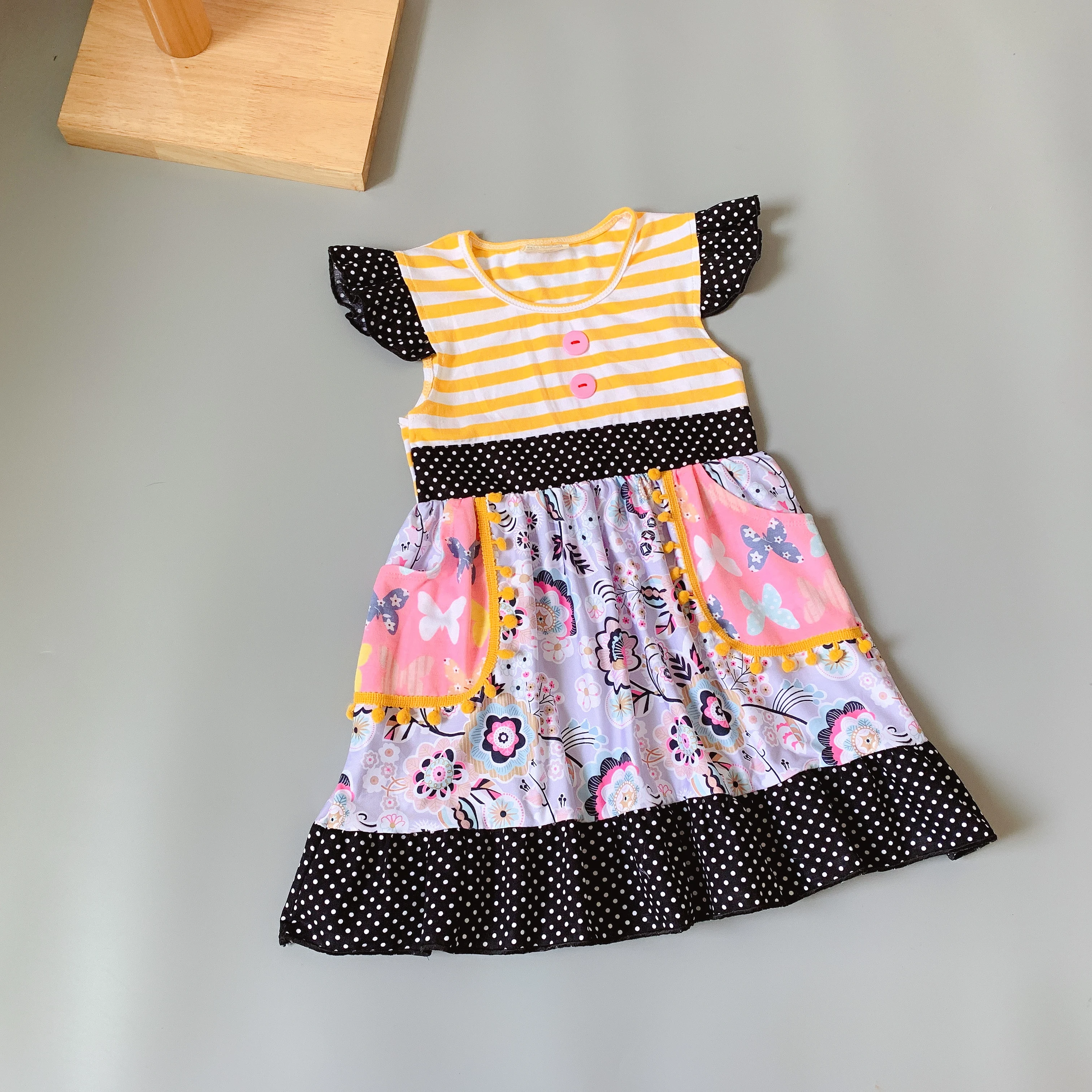 

Yellow stripes dress Ruffle Butterfly dress Black dot lace Girl's dress butterfly pocket dress