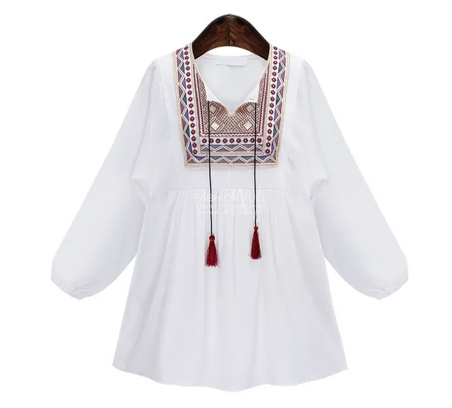 White Women Ethnic Embroidered Boho Hippie Peasant Mexican Loose Blouse Tops