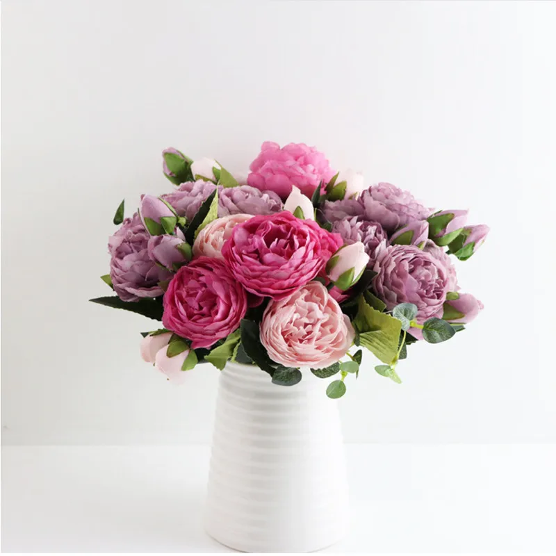 

30cm Rose Pink Silk Peony Artificial Flowers Bouquet 5 Big Head and 4 Bud Cheap Fake Flowers for Home Wedding Decoration indoor