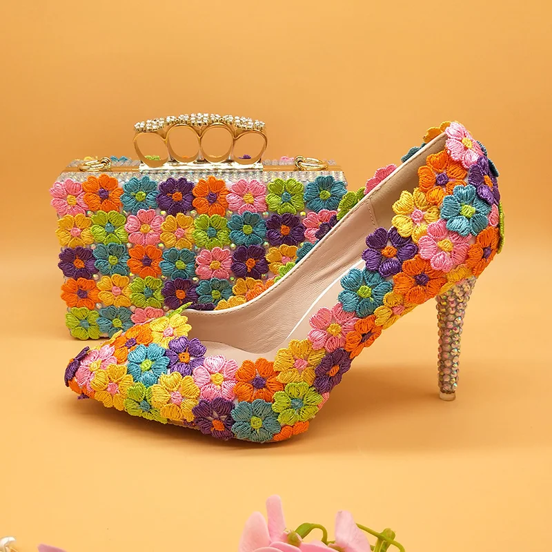 BaoYaFang/женские свадебные туфли с сумочкой в комплекте; Разноцветные туфли с цветочным принтом и сумочка в комплекте; тонкий каблук