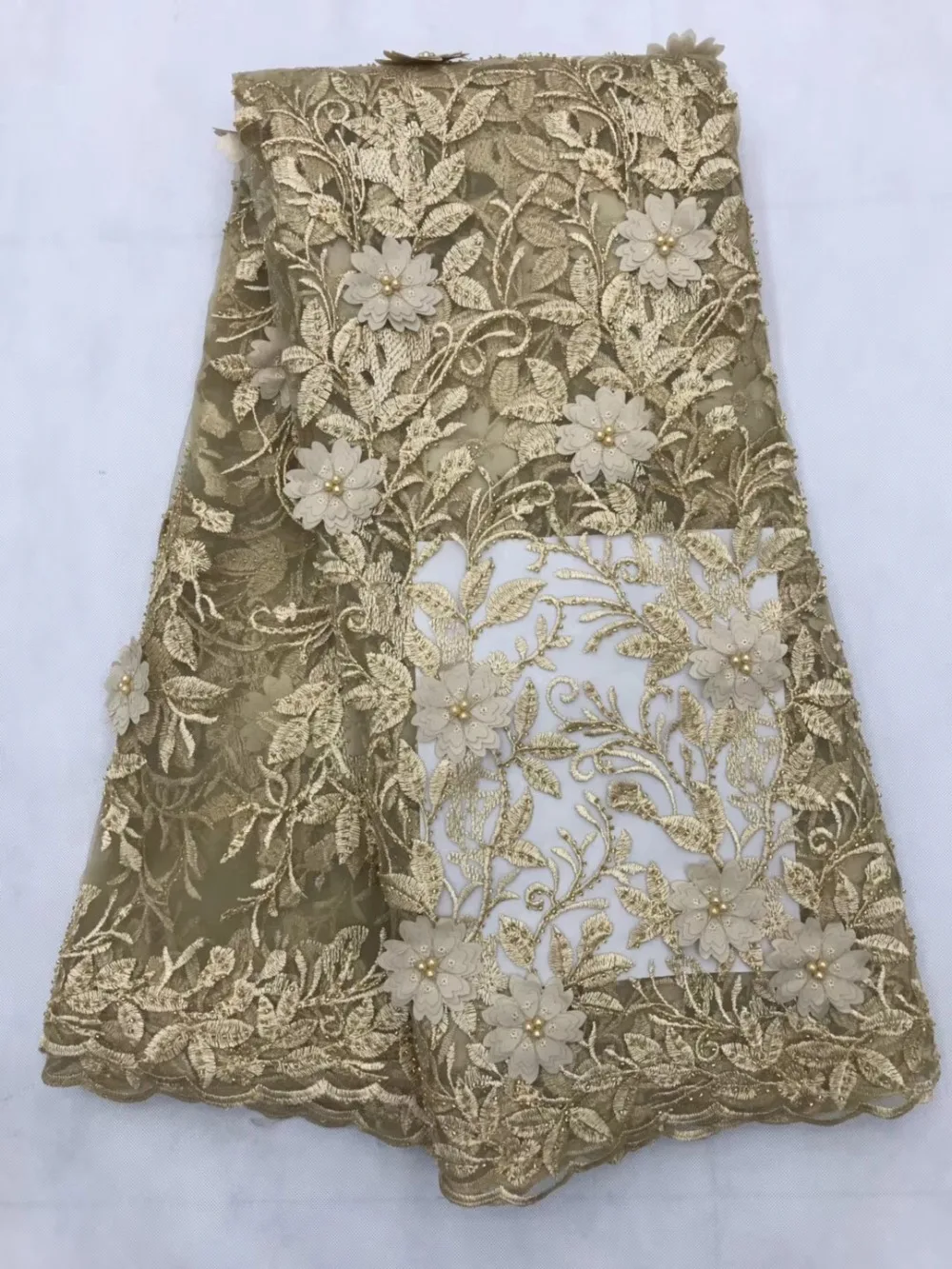 

French Net Lace Fabric 2019 Latest African Guipure Lace Fabric with Embroidery Mesh Tulle Gold Cord Sequins Lace Fabric JL44