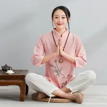 

Women Yoga Set Spring Autumn Flower Printed Cotton Linen Chinese Style Loose Female yoga suit Pant+shirt Casual jogger suit