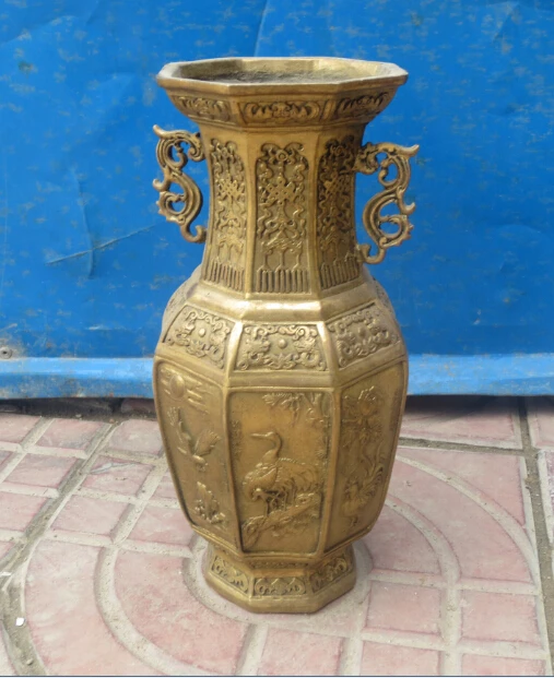 

chinese Decorated Hand-carved brass eight angular bottle vase fast shipping