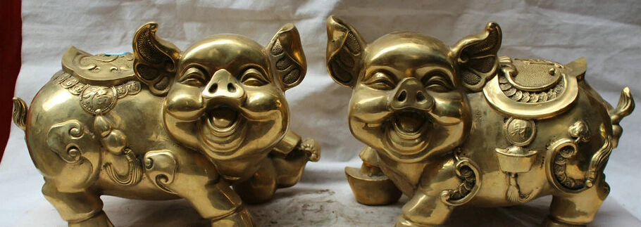 

JP S62 16" Chinese Brass Folk Wealth Fengshui Zodiac Year Pig Statue sculpture Pair Discount 35%