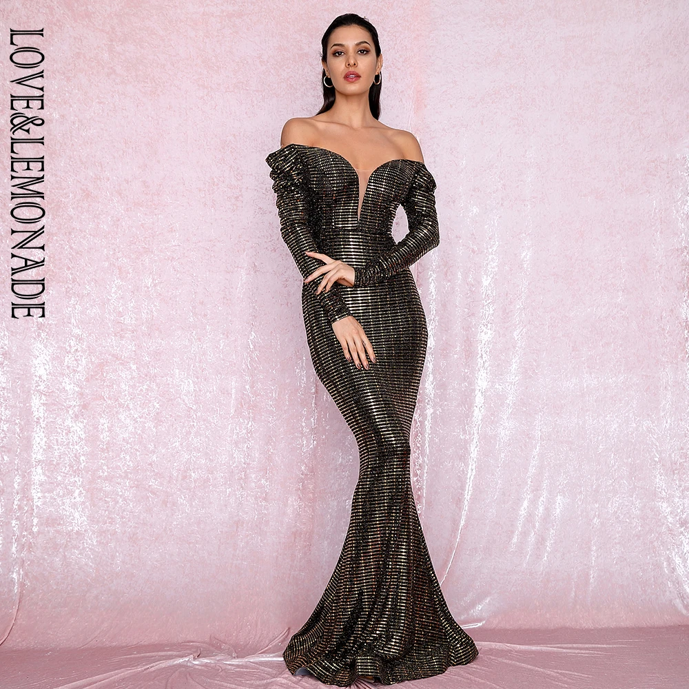 

LOVE&LEMONADE Sexy Open Shoulder Gold Sequins Composite Bubble Long Sleeve Bodycon Party Maxi Dress LM81926 Autumn/Winter