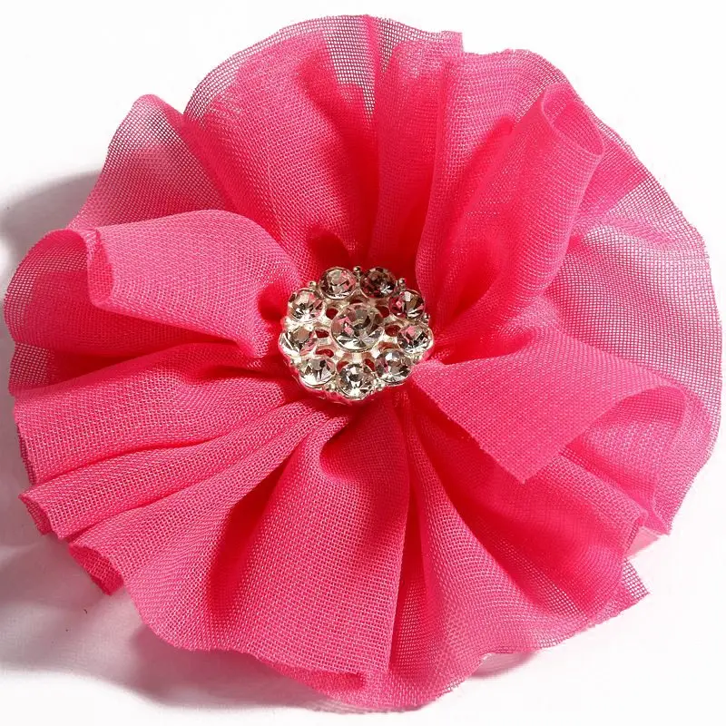 hot pink 10 шт./партия, 6,5 см, 15 цветов, заколки для волос, шифоновые цветы с пуговица со стразами, аксессуары для волос, тканевые цветы для Ободки самодельные - Цвет: hot pink