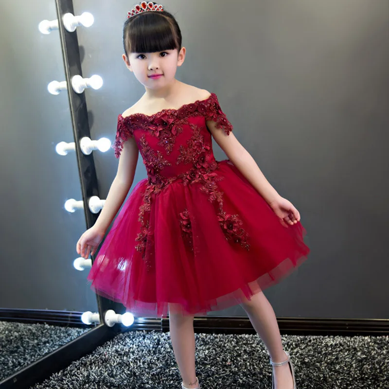 

Flower Girl Shoulder Pink Wedding Dress Puffy Short Dress 2019 New Bead Decoration Girl Wedding Host Banquet Dress