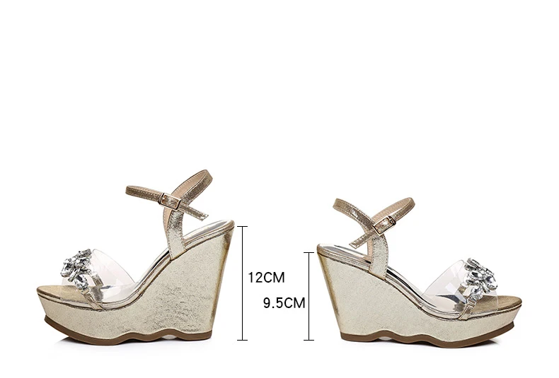 12_2016 New Gold Platform Wedges Sandals Female Summer Sandal Silver Heels Rhinestone Buckle Transparent Casual Shoes For Woman