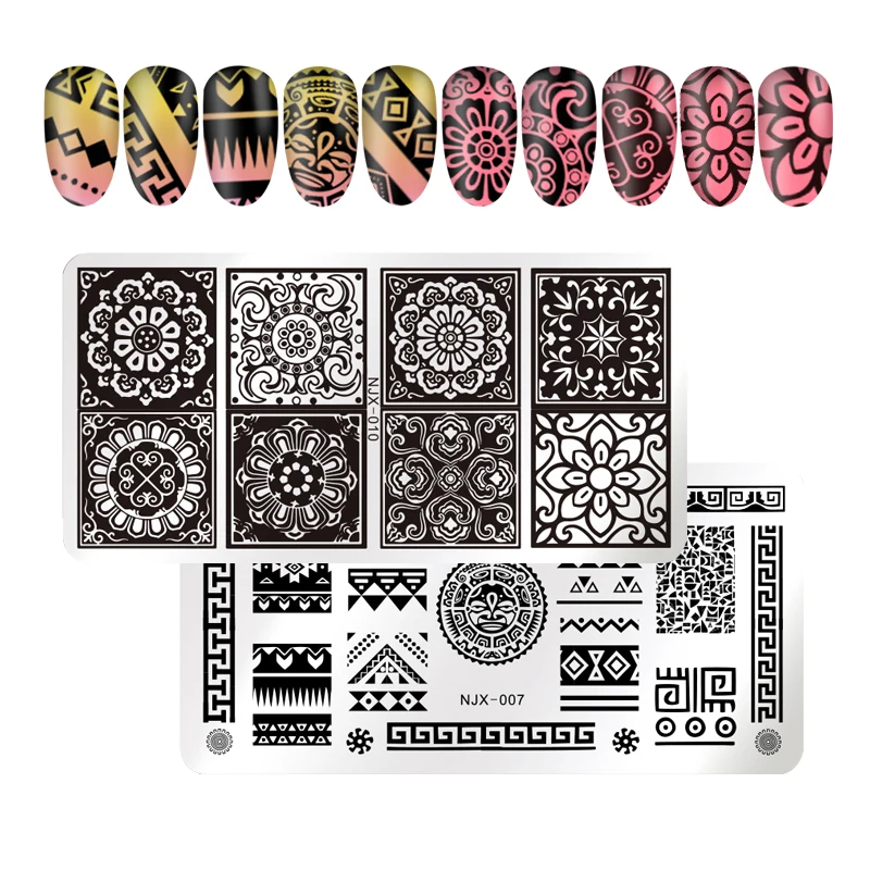 

2Pcs BORN PRETTY Aztec Egypt Style Stamping Template Set Flower Halloween Food Snowflake Rectangle Nail Art Stamp Template