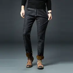 Зимние мужские комбинезоны джинсовые теплые синие черные брюки джинсы мужские флисовые толстые Стрейчевые прямые мужские брюки джинсы