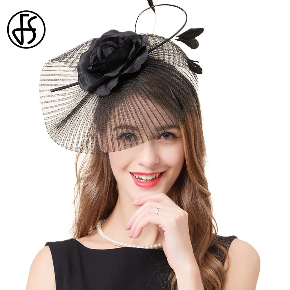 

FS 2018 Ladies Derby Hats Party Feather Hat BLack White Elegant Vintage Women Pillbox Fascinator Church Caps Fashion