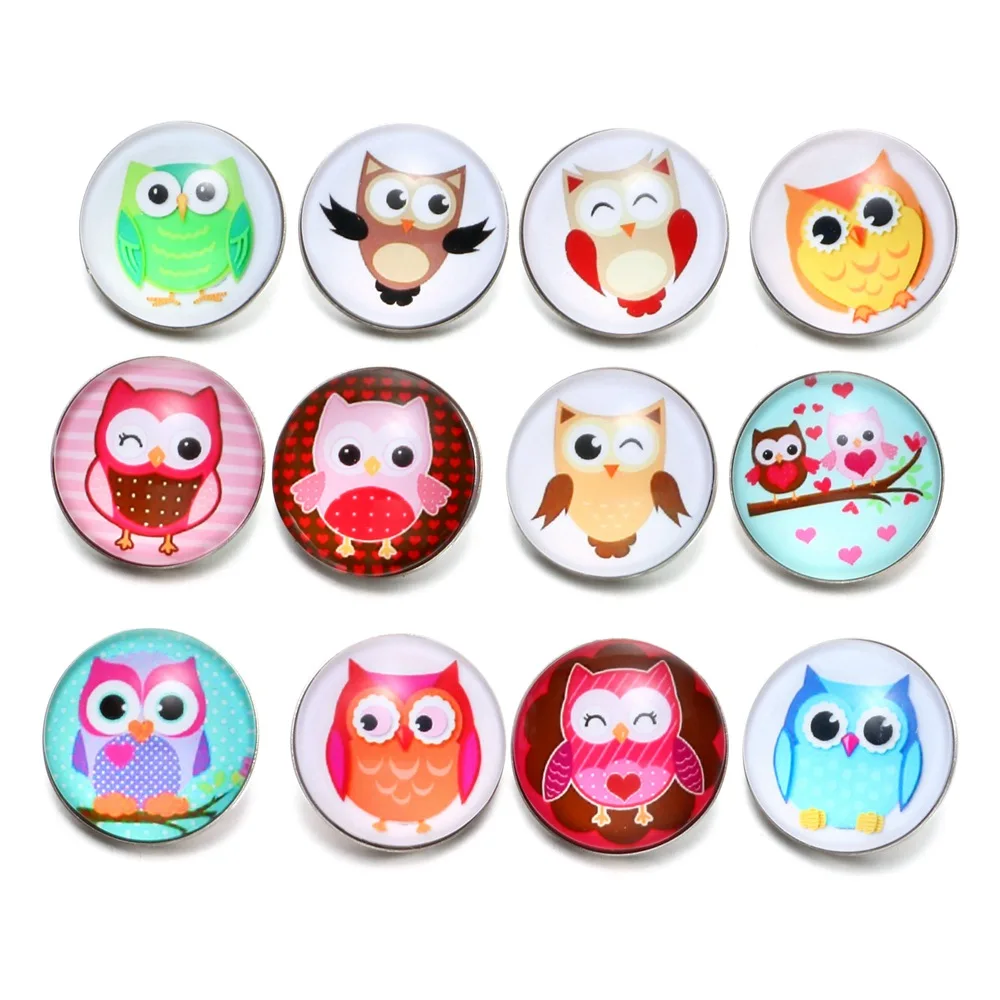 

12pcs/Lot Lovely Owl Glass Charm 18mm Snap Button Jewelry For 18mm Snaps Bracelet Snap Jewelry KZ0529