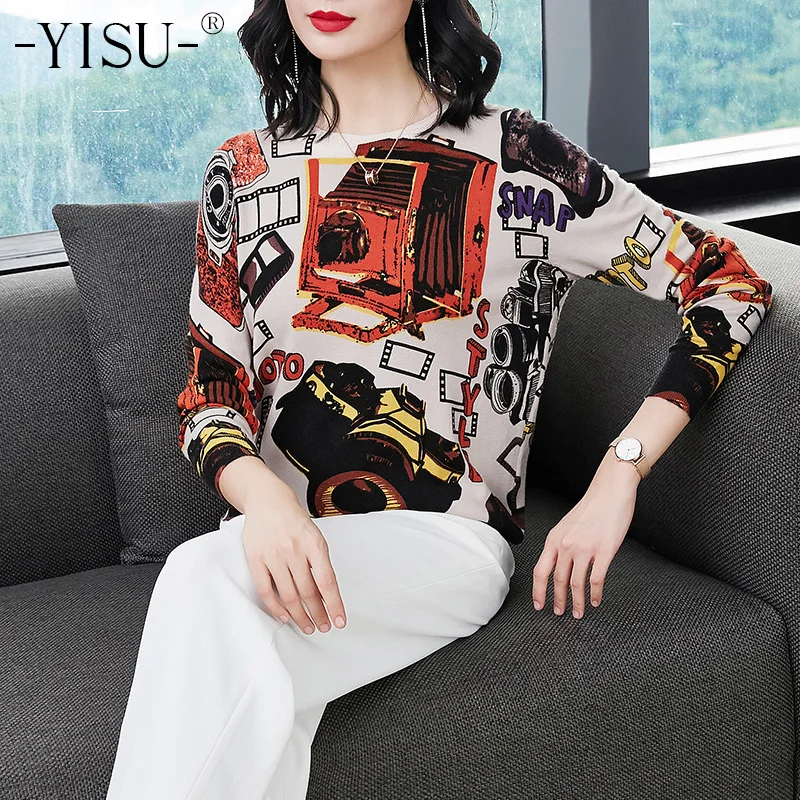 

YISU Warm Pullovers Sweater Women Retro camera pattern print Sweaters Female 2018 Autumn Winter high quality Knitted sweaters