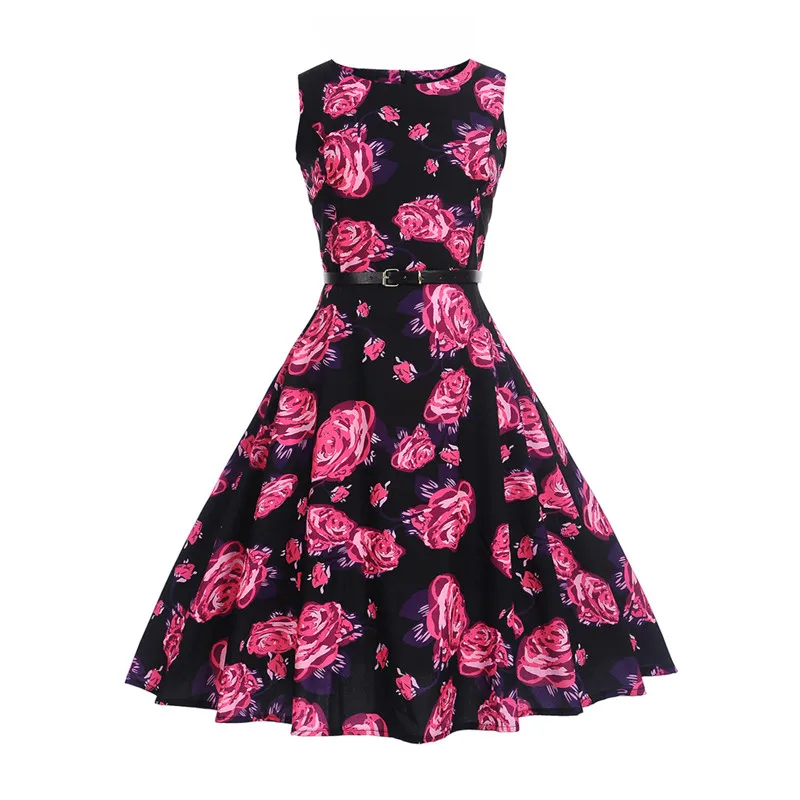 

Floral Print Vintage Summer Dress Women 2018 new Tunic Sleeveless 50s Belt Rockabilly Elegant Party Dresses Vestidos Robe