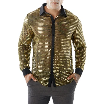 

New Stylish Dance Show Shirt Men 2019 New Summer Nightclub Costumes Solid Men Shirt Slim Fit Shiny Gold Wedding Dress Shirts