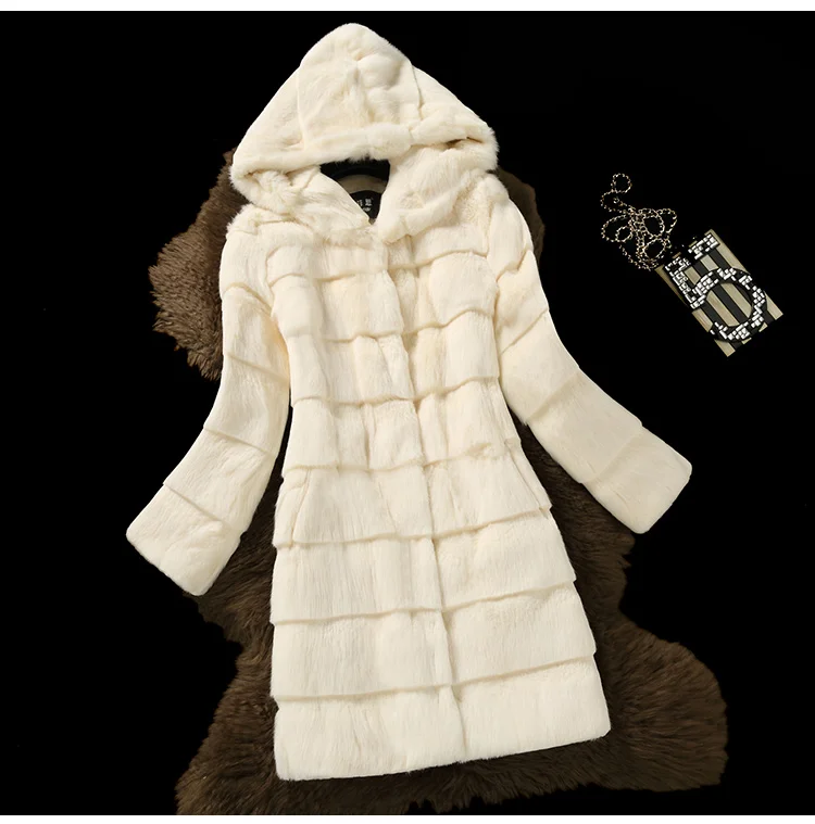 Модное женское пальто с натуральным мехом, длинный рукав, волнистый крой, натуральный мех кролика, теплые зимние пальто и куртки с капюшоном F782