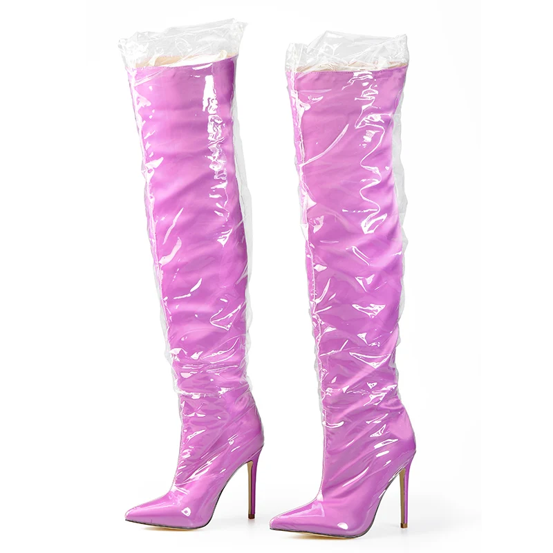 Pink Palms Shoes Women Thigh High Clear Plastic Boots With Thick Sponge Inside Over the Knee Boots Perspex Warm High Boots Lilac Women's Shoes