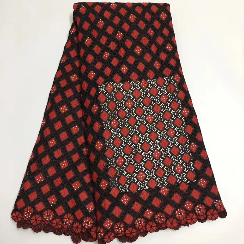 

(5yards/pc) Black and red African cord lace fabric with stones small squares design water soluble lace for party dress FLE06