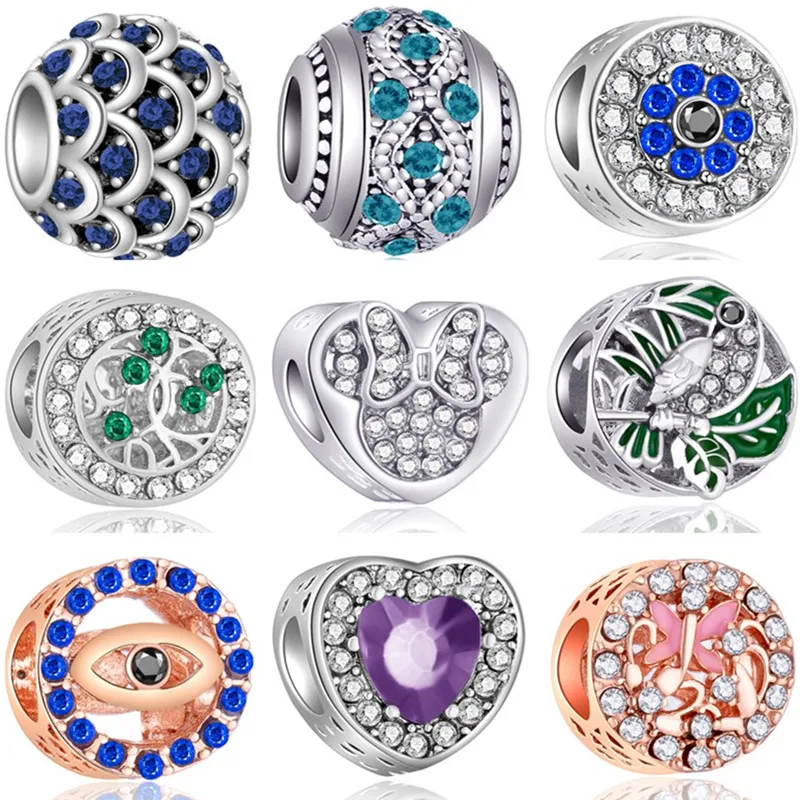 High Quality Crystal Heart Leaves Tree Evil Eyes Elephant Moon Mickey Beads Fit Original Pandora Charms for Women DIY Jewelry | Украшения и