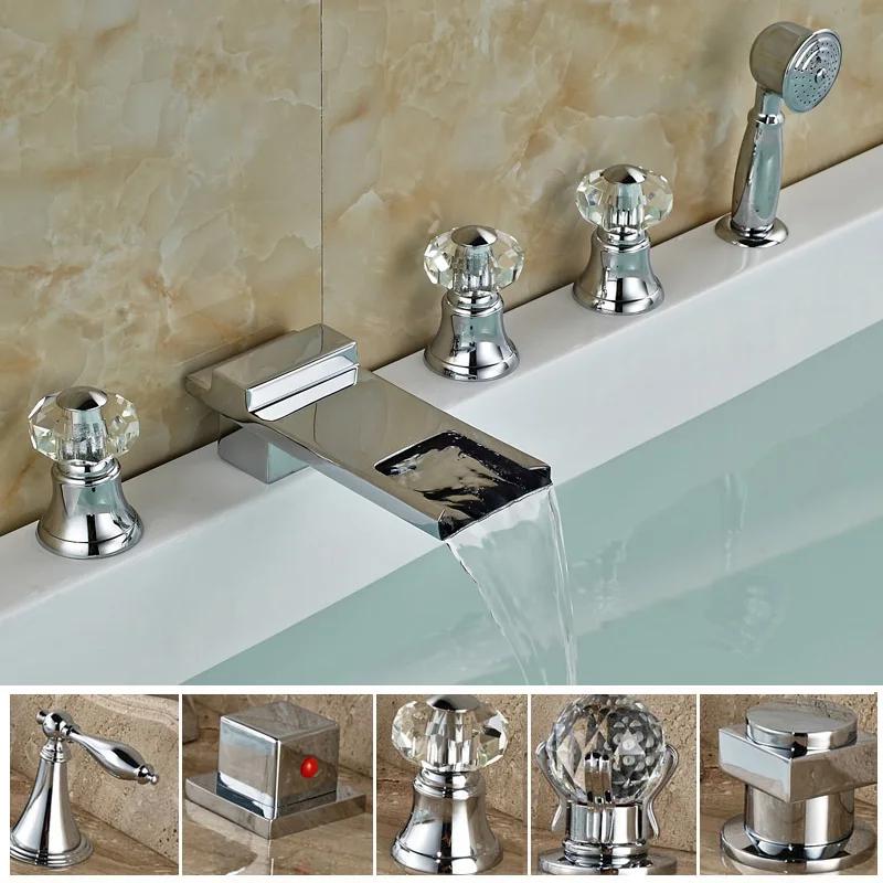 Polished Chrome 5pc Waterfall Bath Tub Sink Faucet Three Handles Widespread Brass Bathtub Mixer Taps