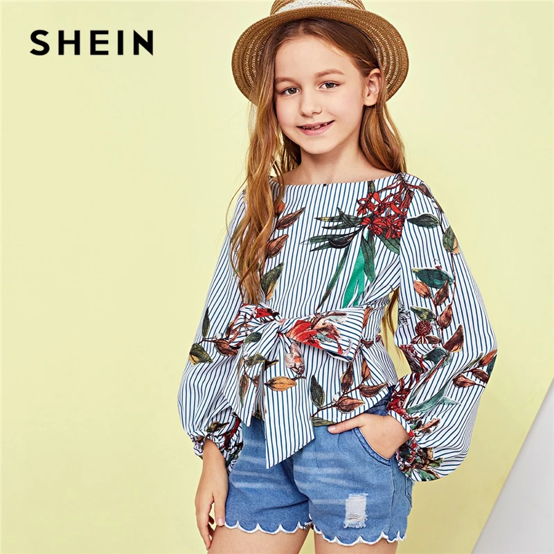 SHEIN Kiddie Tie Waist Zip Back Floral Print Zipper Vacation Blouse Girls Tops 2019 Spring Long Sleeve Tee Shirts Kids Clothes