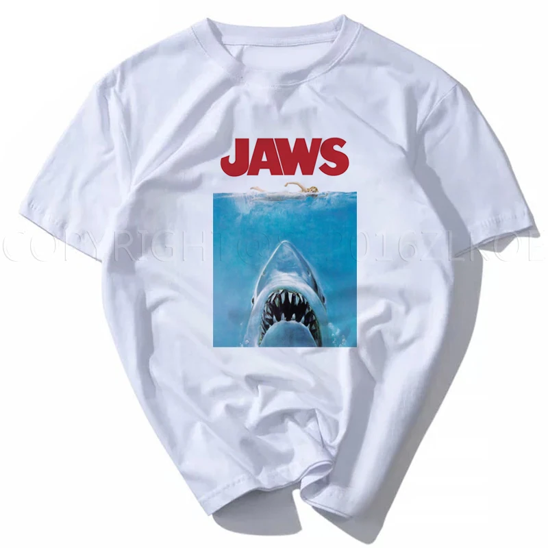 

New 2019 Summer vintage movie jaws Design T Shirt Men's High Quality shark print plus size men clohing s-xxxl summer white tops