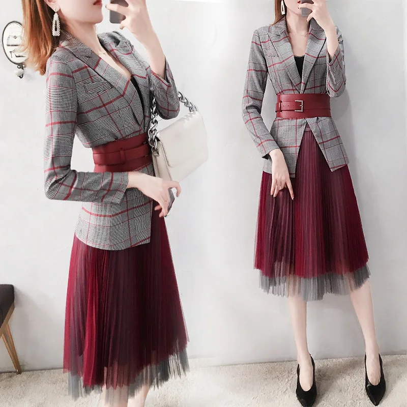

New 2019 Spring Women's Skirt Suits Office lady OL style Bandage Blazer jacket + Mesh Pleated Skirt Suit Elegant Two Piece Set