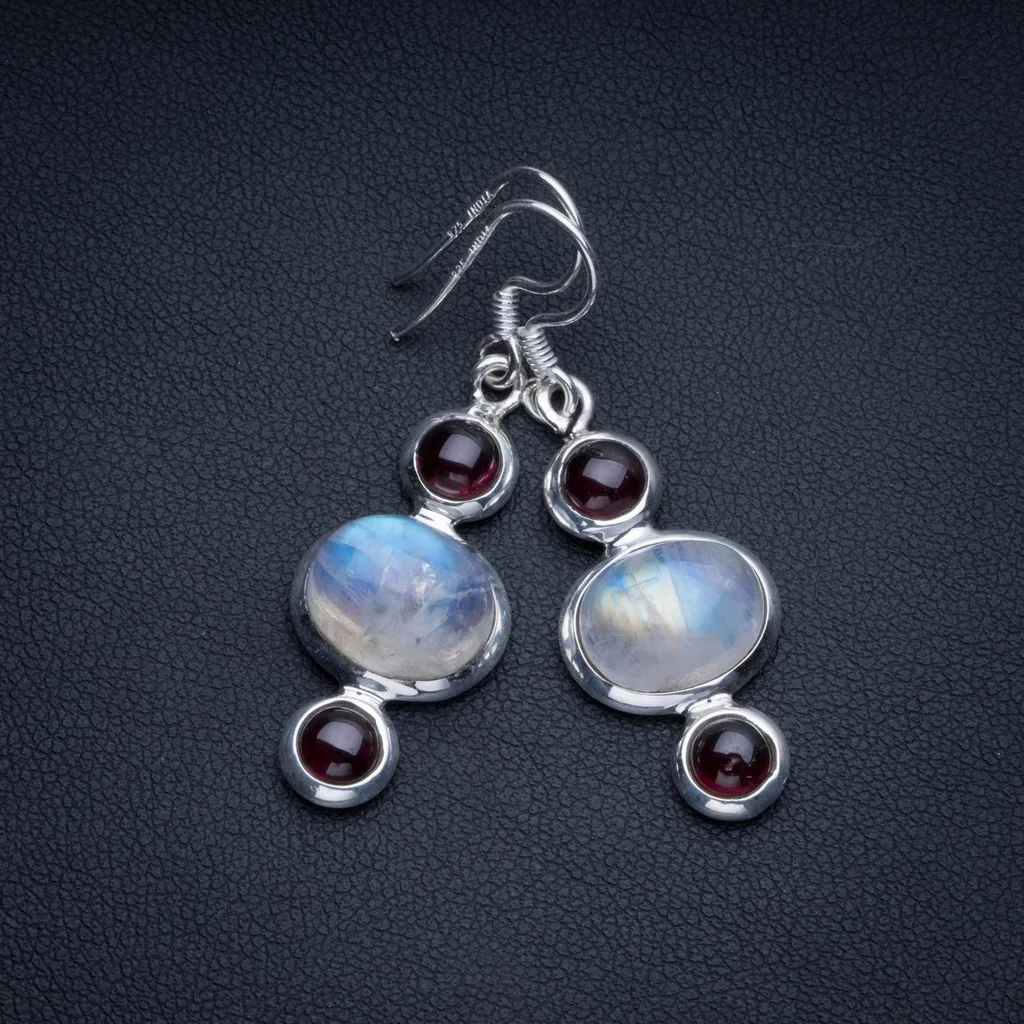 

Natural Rainbow Moonstone and Amethyst Boho 925 Sterling Silver Drop Earrings 1 1/2" R2082