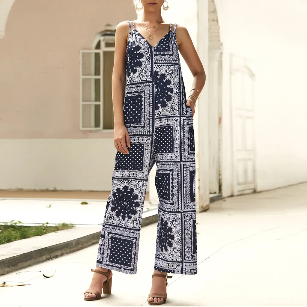

Feitong Women Vintage Printed Pocketed V-Neck Camisole Long Wide leg Jumpsuit Romper sers Clubwear