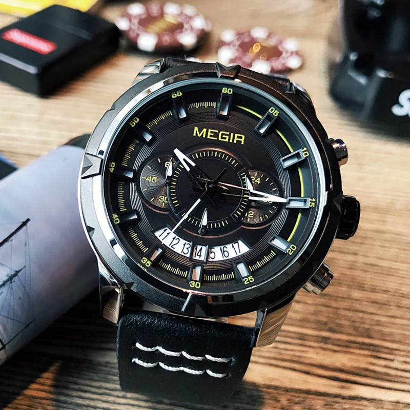 MEGIR Men Creative Fashion Quartz Wrist Watch Leather Strap Waterproof Men's Military Sport Watches