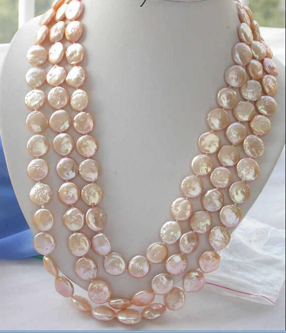 

z3402 REAL 70" 14mm pink coin freshwater pearl necklace (A0501)