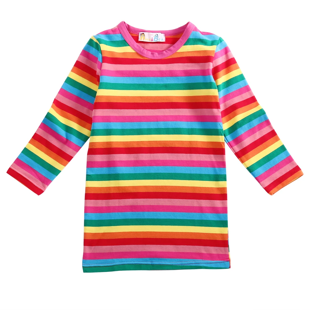 

2018 Fashion Kids Girls Baby Rainbow Stripe Casual Long Dress Cotton Clothes 2-7Y Brief Straight