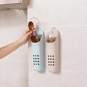 

Plastic Hangable Drain Chopsticks Cage Wall Dustproof Spoon Fork Tableware Storage Box Hollow Container Case Kitchen Accessories