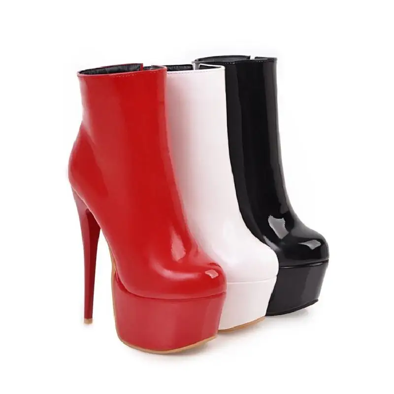 

Womens Stilettos Platform Casual Shoes Ankle Boots Patent Leather Side Zipper Super High Heel Shoes 15CM 3Colors Plus Size A286