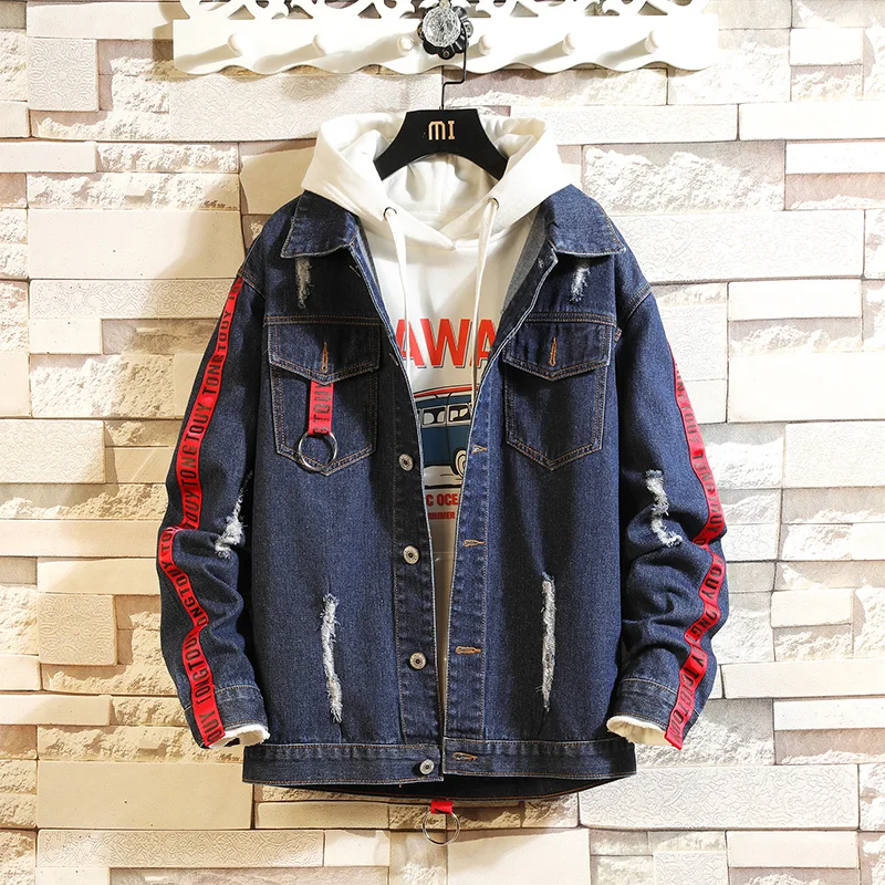 

2019 New Style Autumn And Winter Hip Hop High Street Men Denim Jackets Splice Holes Cotton Men Denim Jackes 3XL 57038