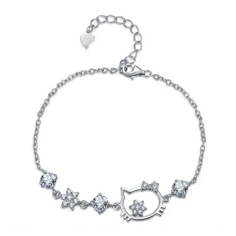Anenjery 925 пробы серебряный браслет милый кот CZ цветок браслеты для женщин pulseira S-B124