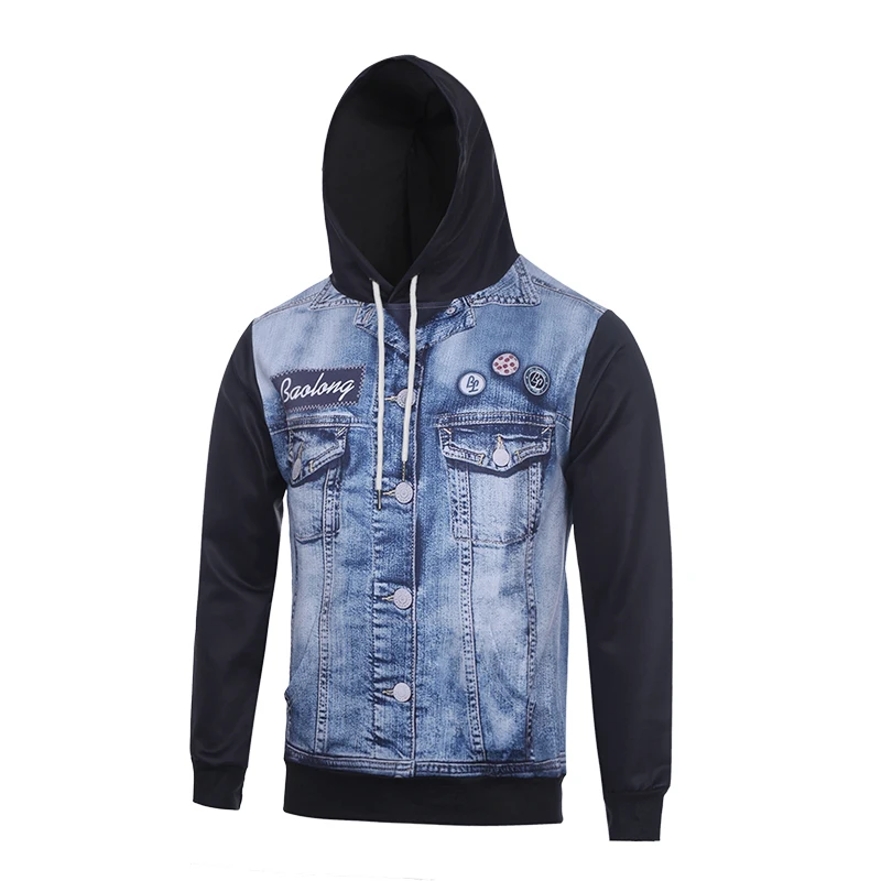 Novelty Men Pullover Hoodies 3D Faux Denim Style Polyester Long Sleeve Hooded Sweatshirt Spring 