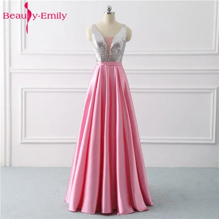 Beauty Emily, расшитые блестками Серые Вечерние платья трапециевидной формы, Длинные вечерние платья с v-образным вырезом, вечерние платья для вечеринки, выпускного, вечерние платья - Цвет: Розовый