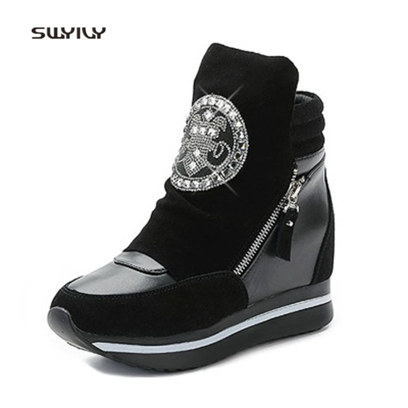 SWYIVY Women Walking Shoes Platform Genuine Leather Rhinestone Shoes 2018 Autumn And Winter Height Increasing Female Sneakers