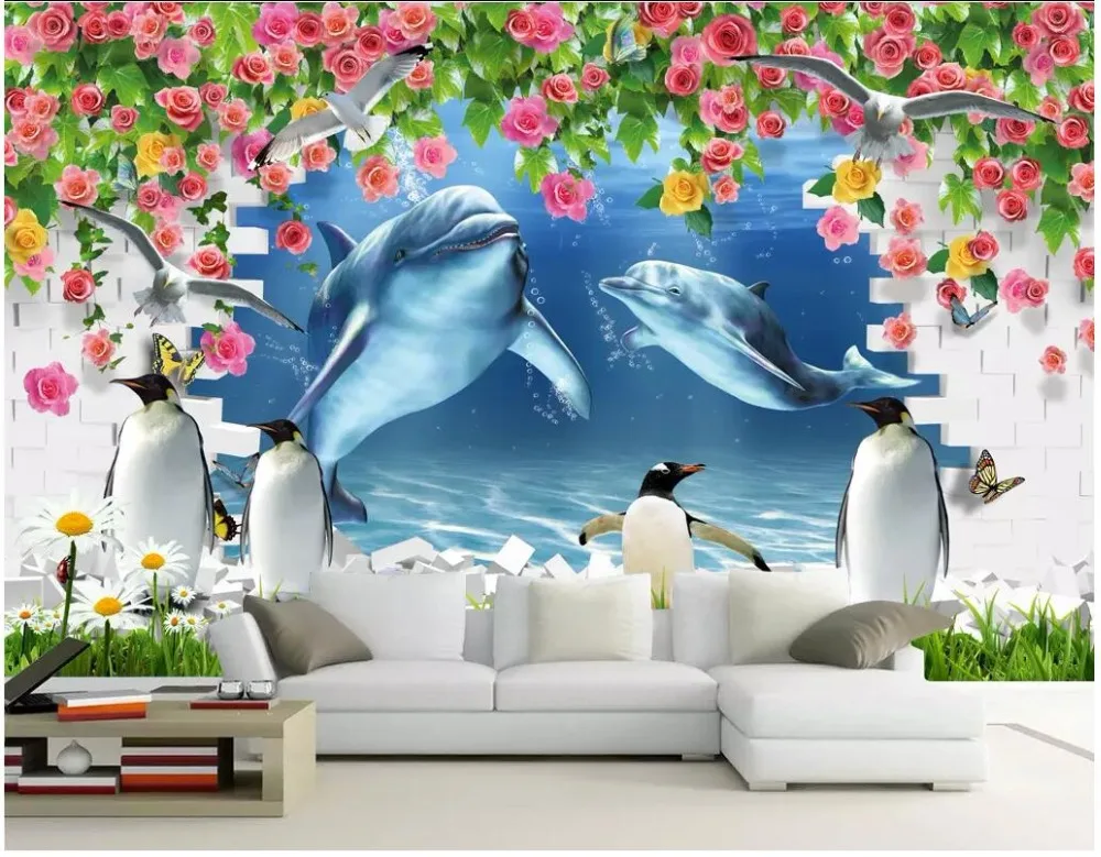 

3d wallpaper custom photo Dolphin shark rose wall background home decor living room 3d wall murals wallpaper for walls 3 d