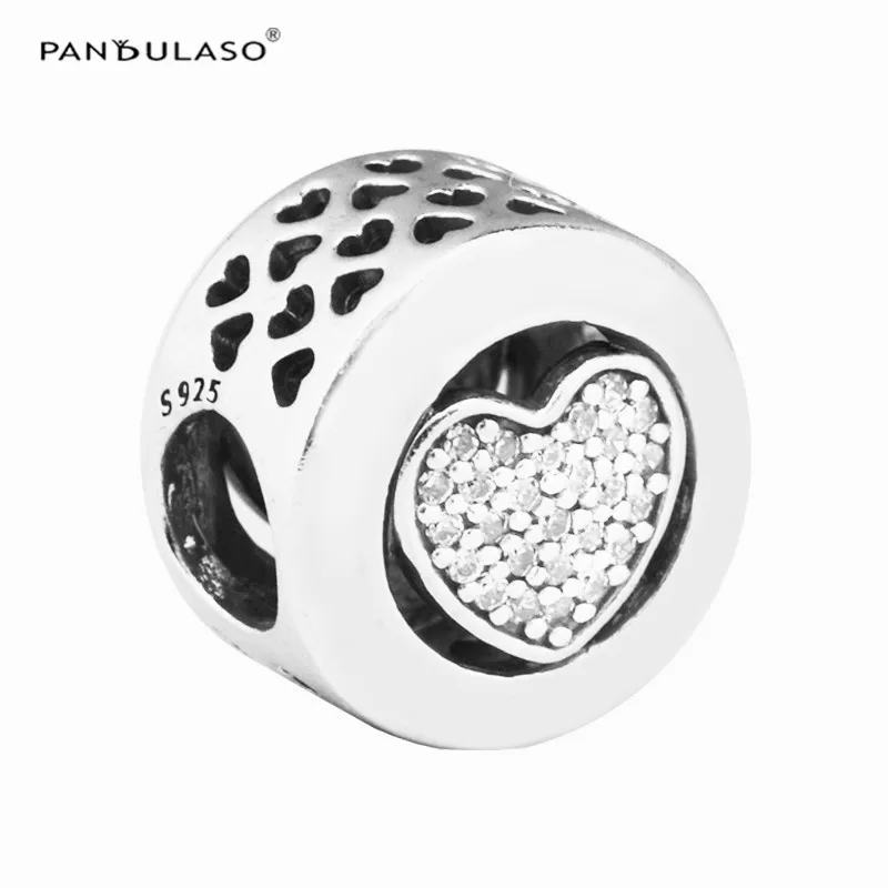 

Pandulaso Signature Heart Charm Clear CZ bead Fits Original Bracelets 925 Sterling Silver Beads for Women Jewelry Making